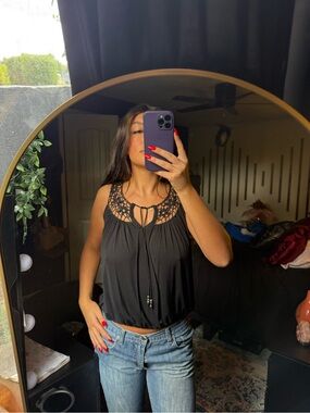 Black Crochet-Yoke Tie-Neck Camisole